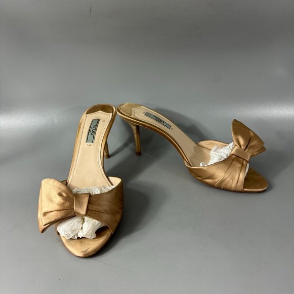 Authentic Prada Gold Silk Evening Mules with Asymmetric Bow, Size 39 1/2 - Picture 1 of 14